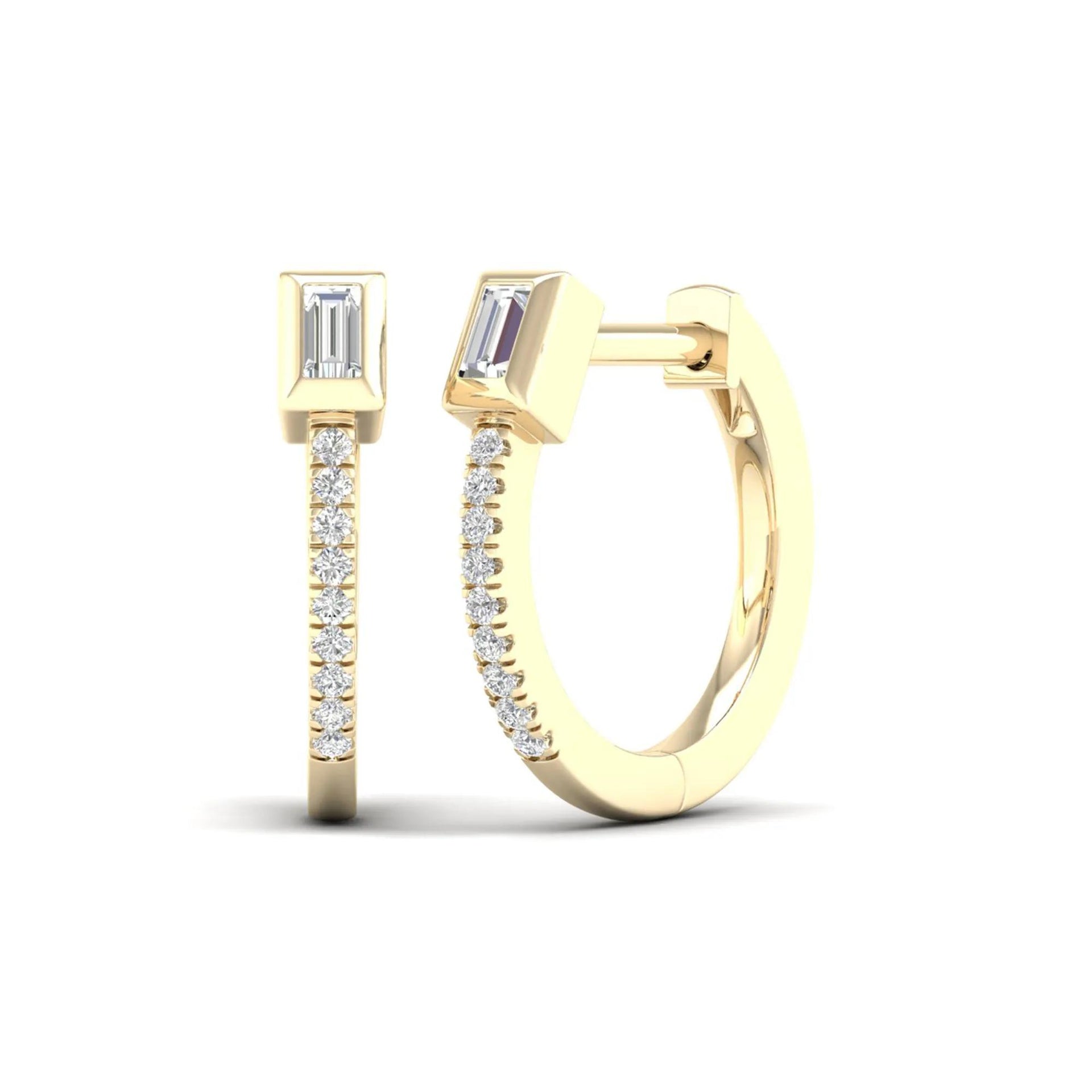 1/7 CT. Tw. Baguette & Round Hoop Earrings 10K Yellow Gold Size 2.70mm