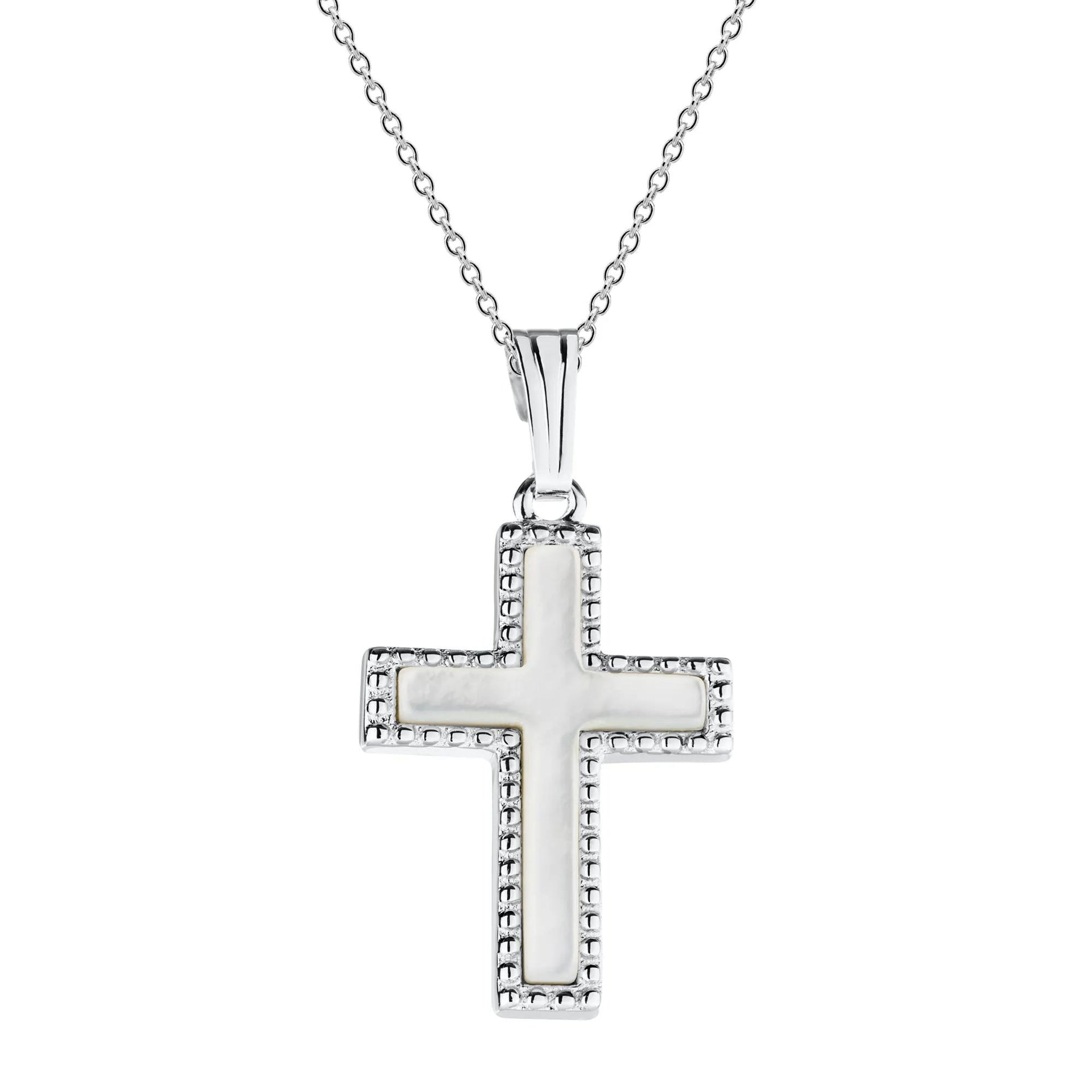 Bead-Edge Mother of Pearl Cross Pendant Necklace .925 Sterling Silver White Size 18"