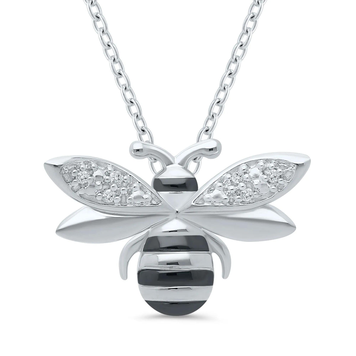 Bee Pendant Necklace with Diamond Accents .925 Sterling Silver White Size 18"