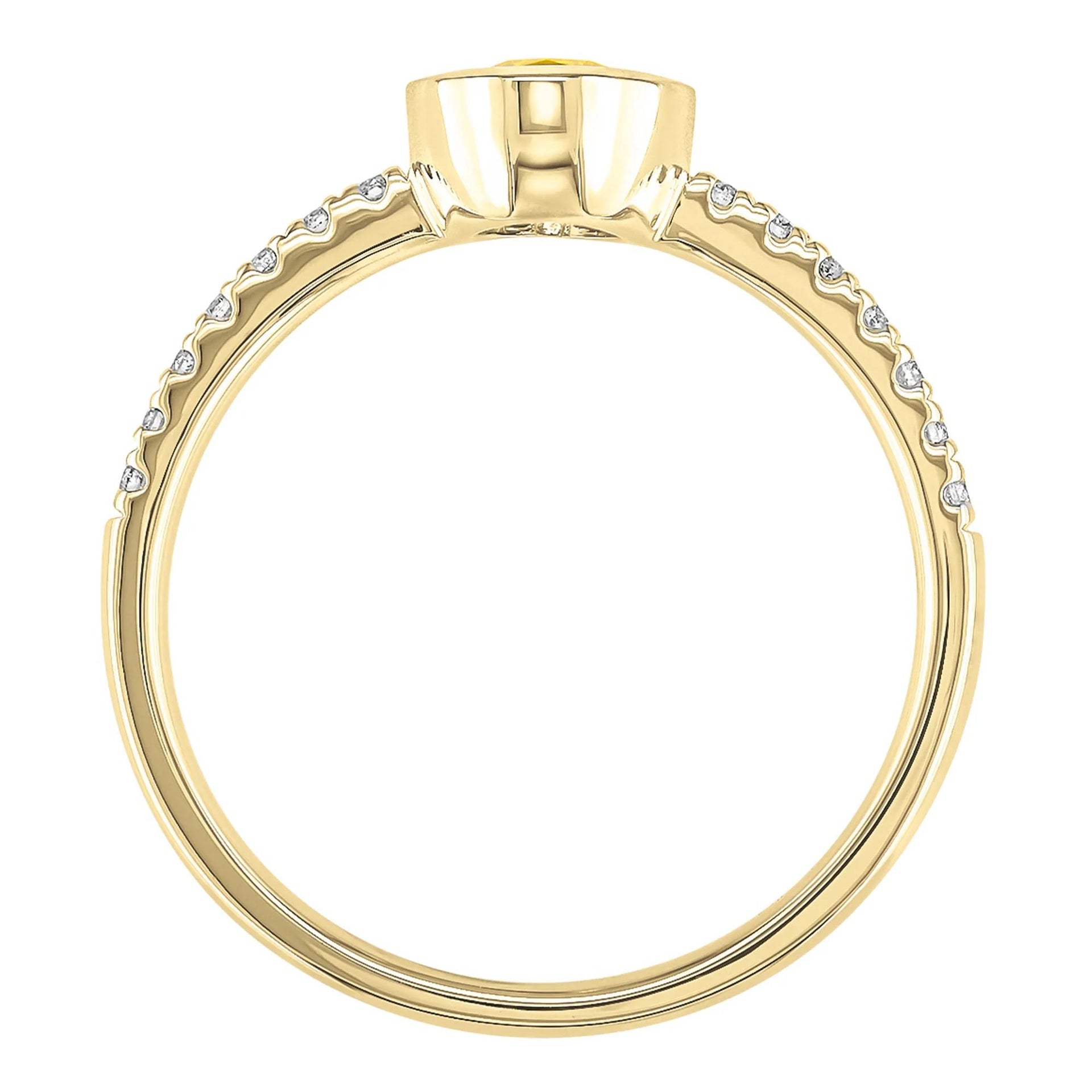 Bezel-Set Citrine Ring with Diamond Accent 10K Yellow Gold Round Brilliant Cut Size 7 1mm