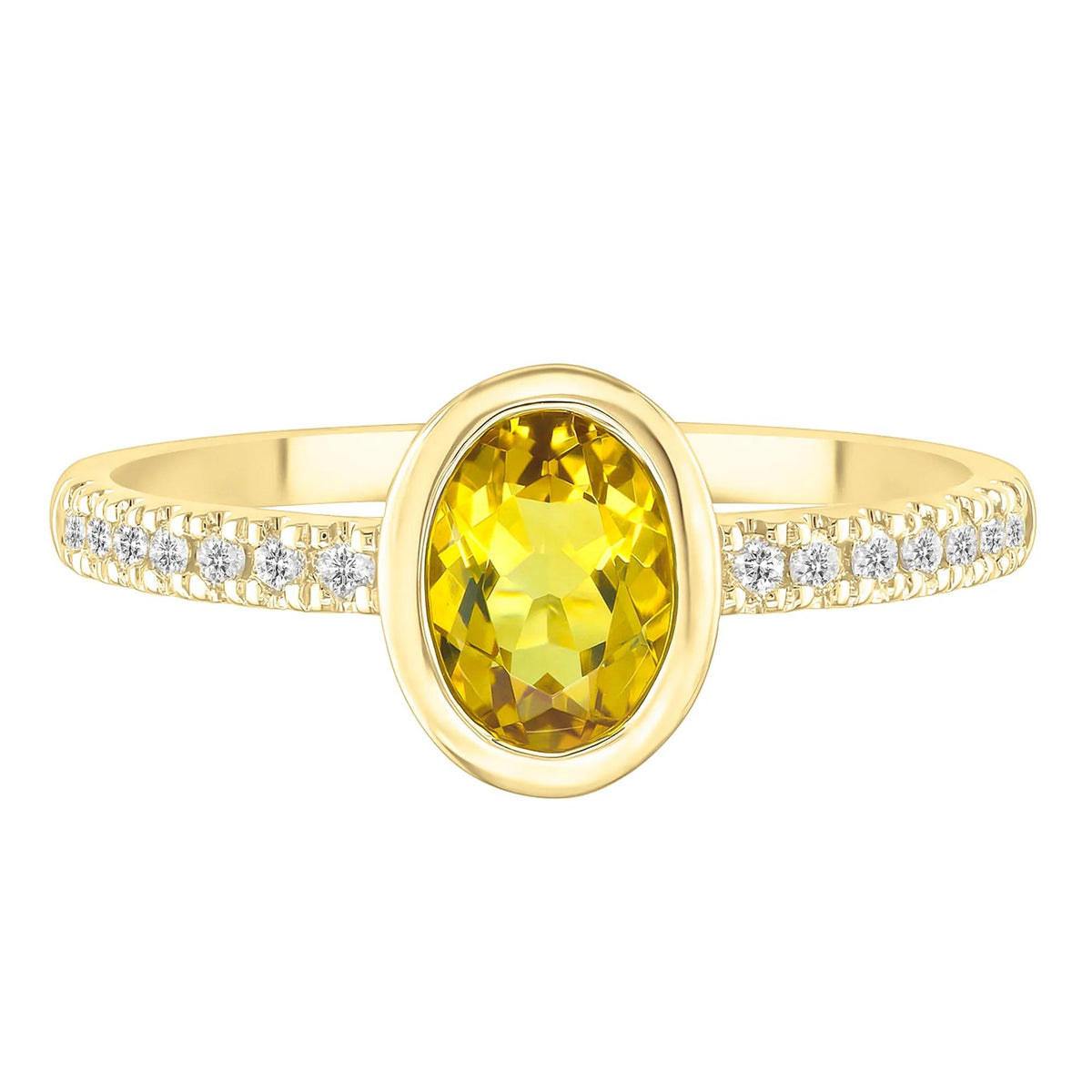 Bezel-Set Citrine Ring with Diamond Accent 10K Yellow Gold Round Brilliant Cut Size 8.5 1mm