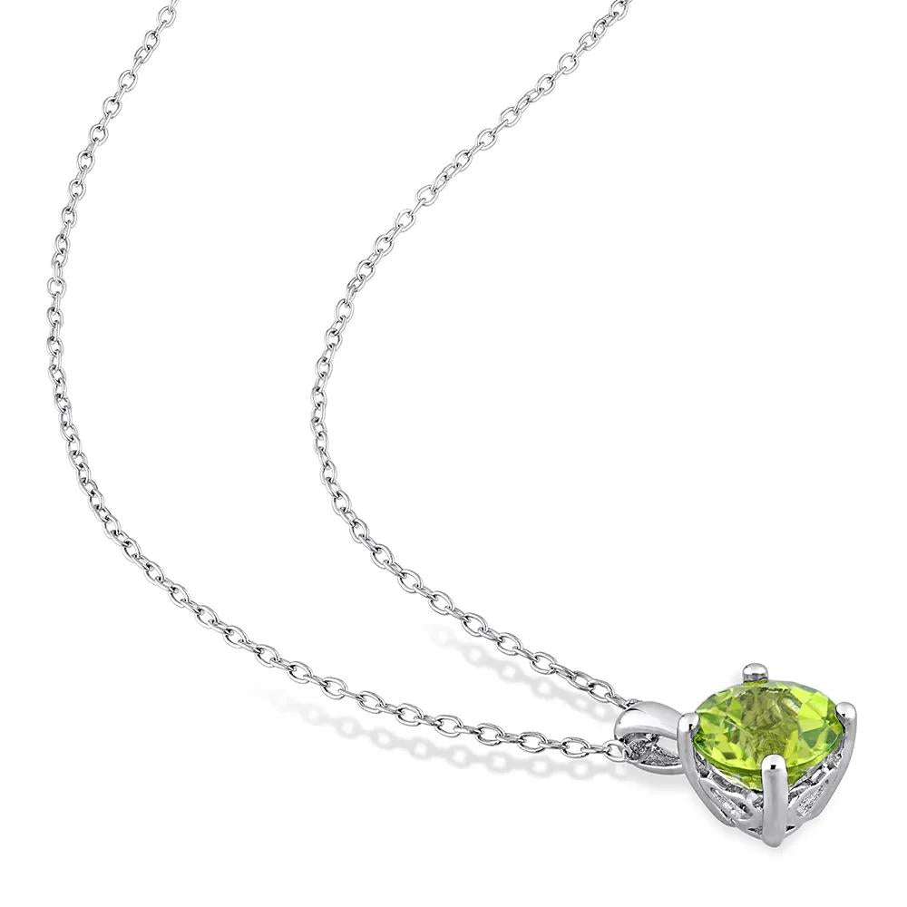 Peridot Solitaire Pendant Necklace .925 Sterling Silver White Size 18"