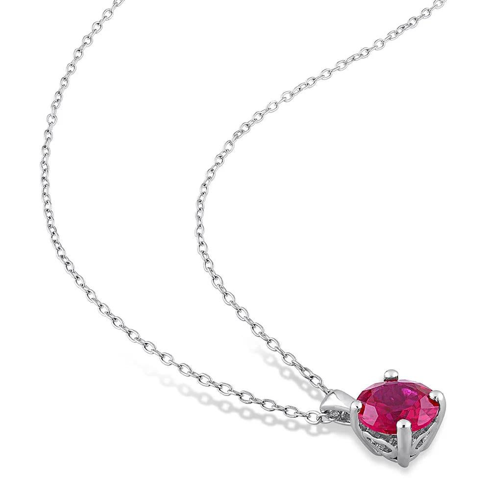 Lab Created Ruby Solitaire Pendant Necklace .925 Sterling Silver White Size 18"