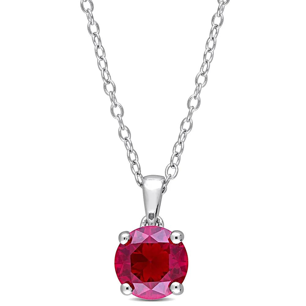 Lab Created Ruby Solitaire Pendant Necklace .925 Sterling Silver White Size 18"