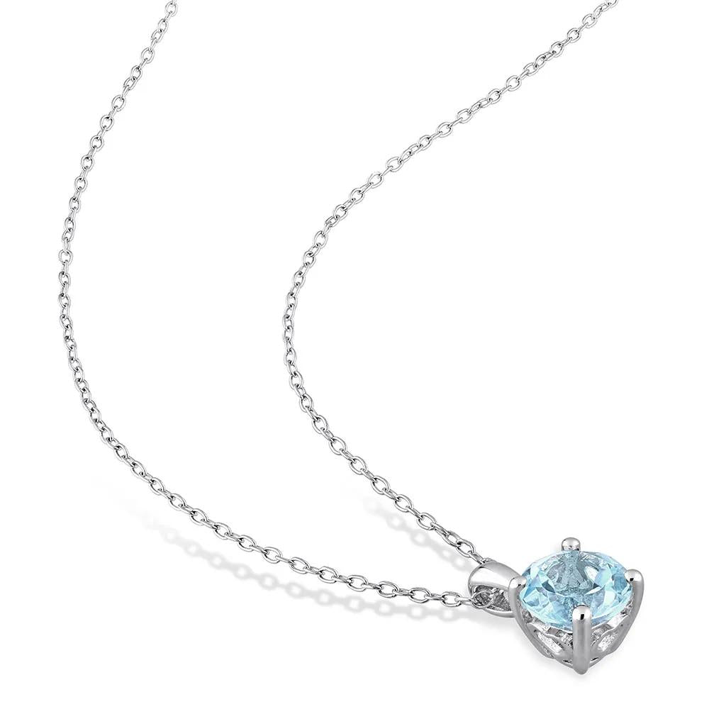 Blue Topaz Solitaire Pendant Necklace .925 Sterling Silver White Size 18"