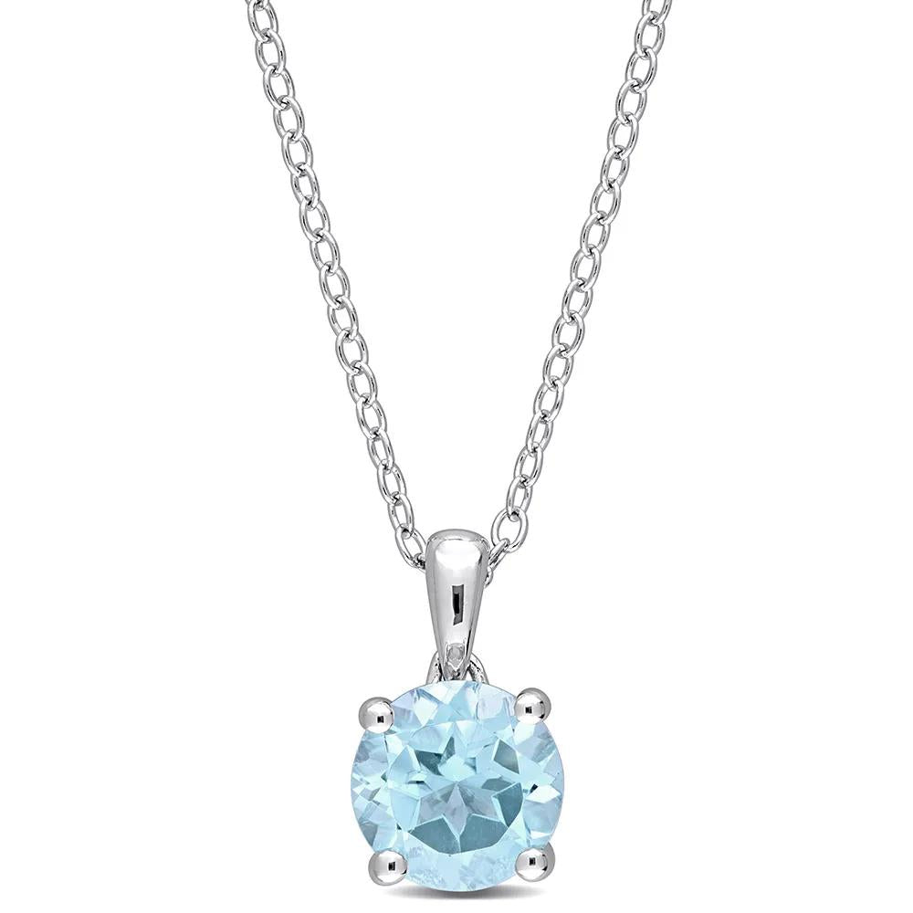 Blue Topaz Solitaire Pendant Necklace .925 Sterling Silver White Size 18"
