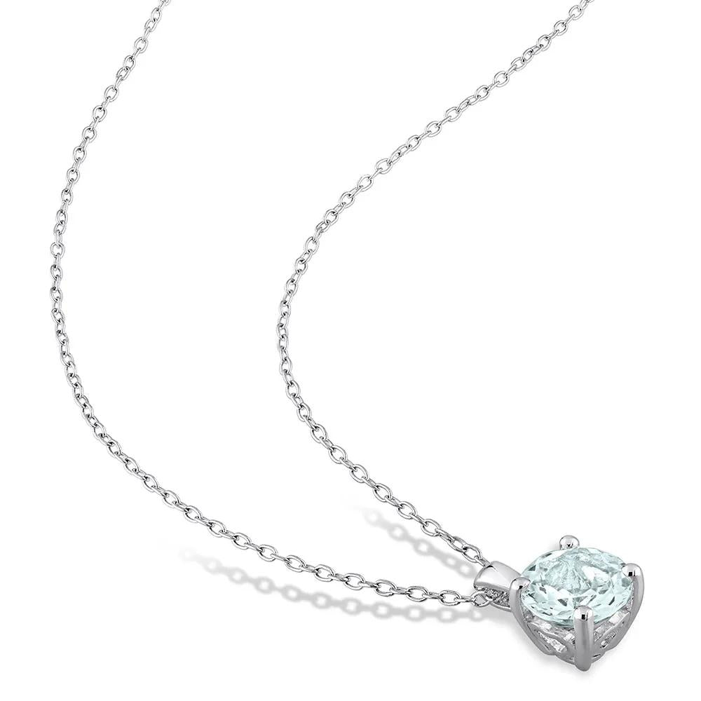 Aquamarine Solitaire Pendant Necklace .925 Sterling Silver White Size 18"
