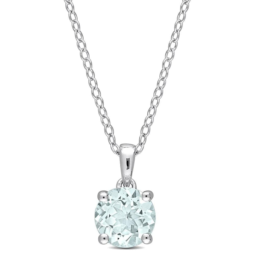 Aquamarine Solitaire Pendant Necklace .925 Sterling Silver White Size 18"