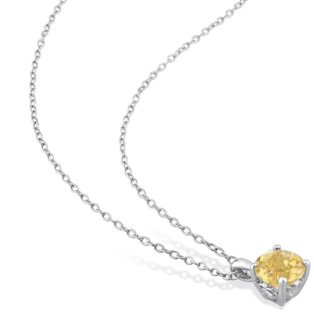 Citrine Solitaire Pendant Necklace .925 Sterling Silver White Size 18"