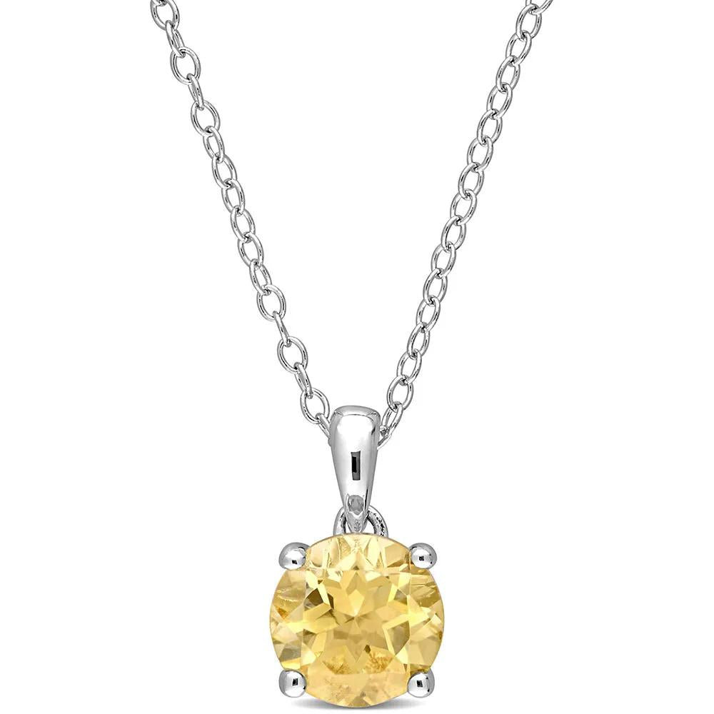 Citrine Solitaire Pendant Necklace .925 Sterling Silver White Size 18"