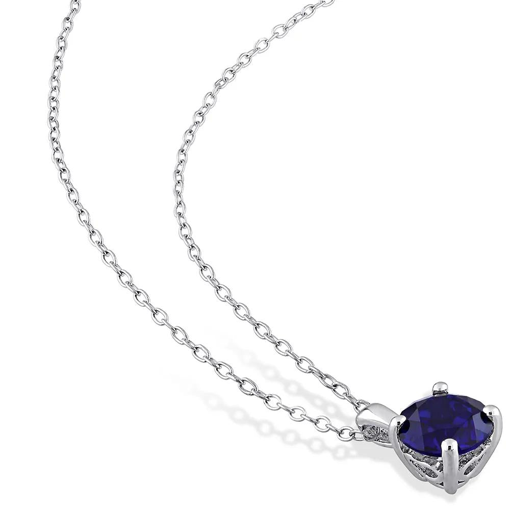 Lab Created Blue Sapphire Pendant Necklace .925 Sterling Silver White Size 18"