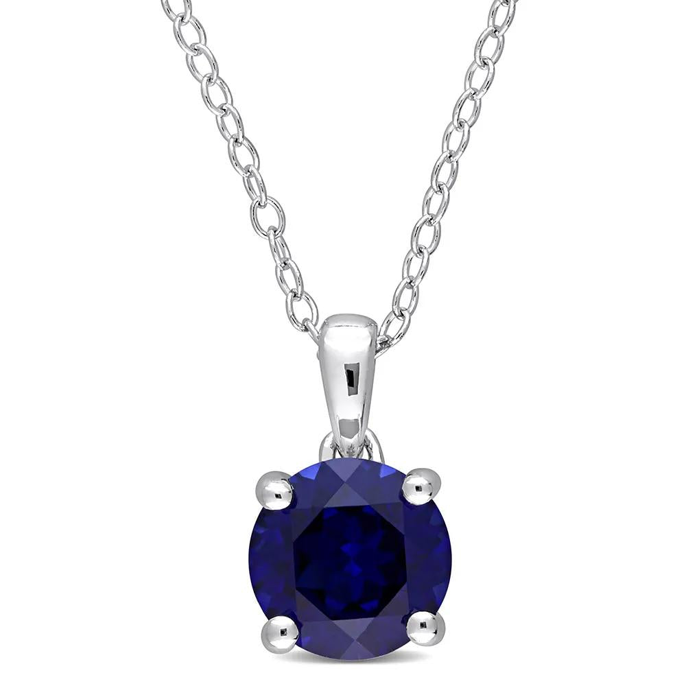 Lab Created Blue Sapphire Pendant Necklace .925 Sterling Silver White Size 18"