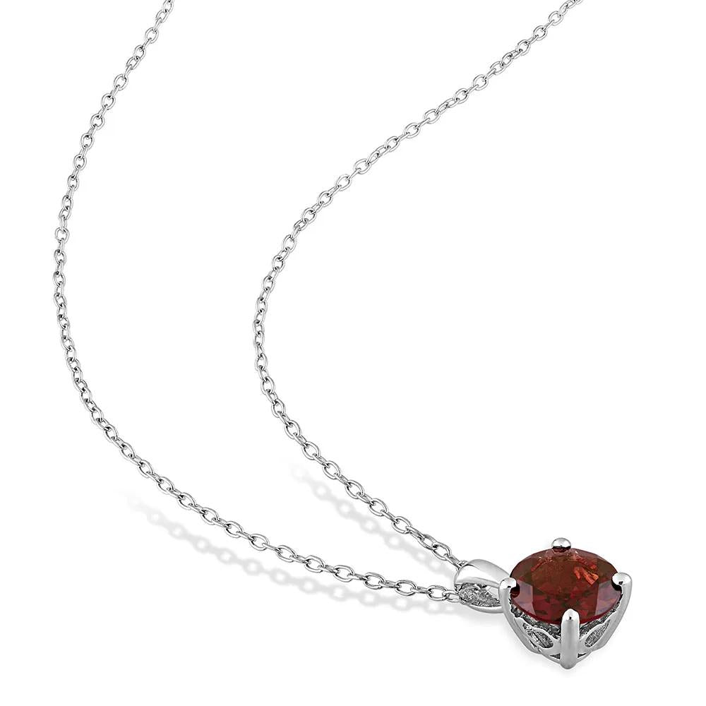 Garnet Solitaire Pendant Necklace .925 Sterling Silver White Size 18"