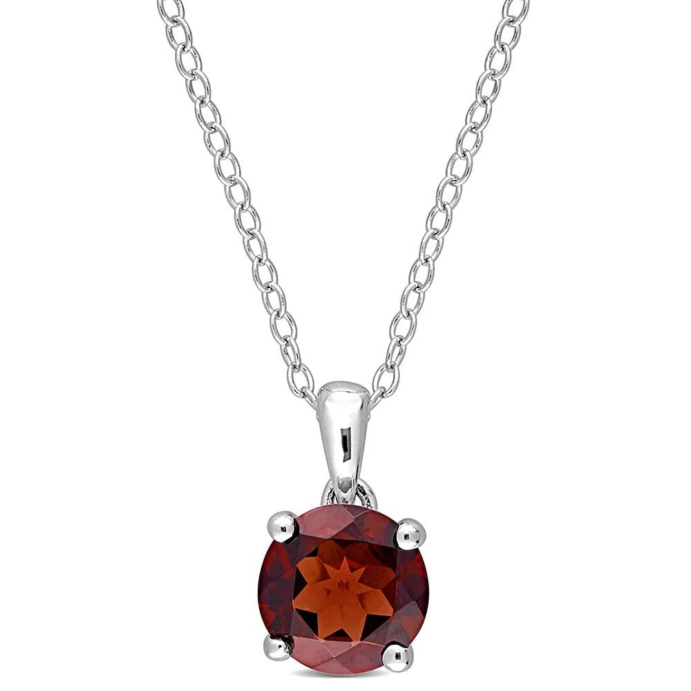 Garnet Solitaire Pendant Necklace .925 Sterling Silver White Size 18"