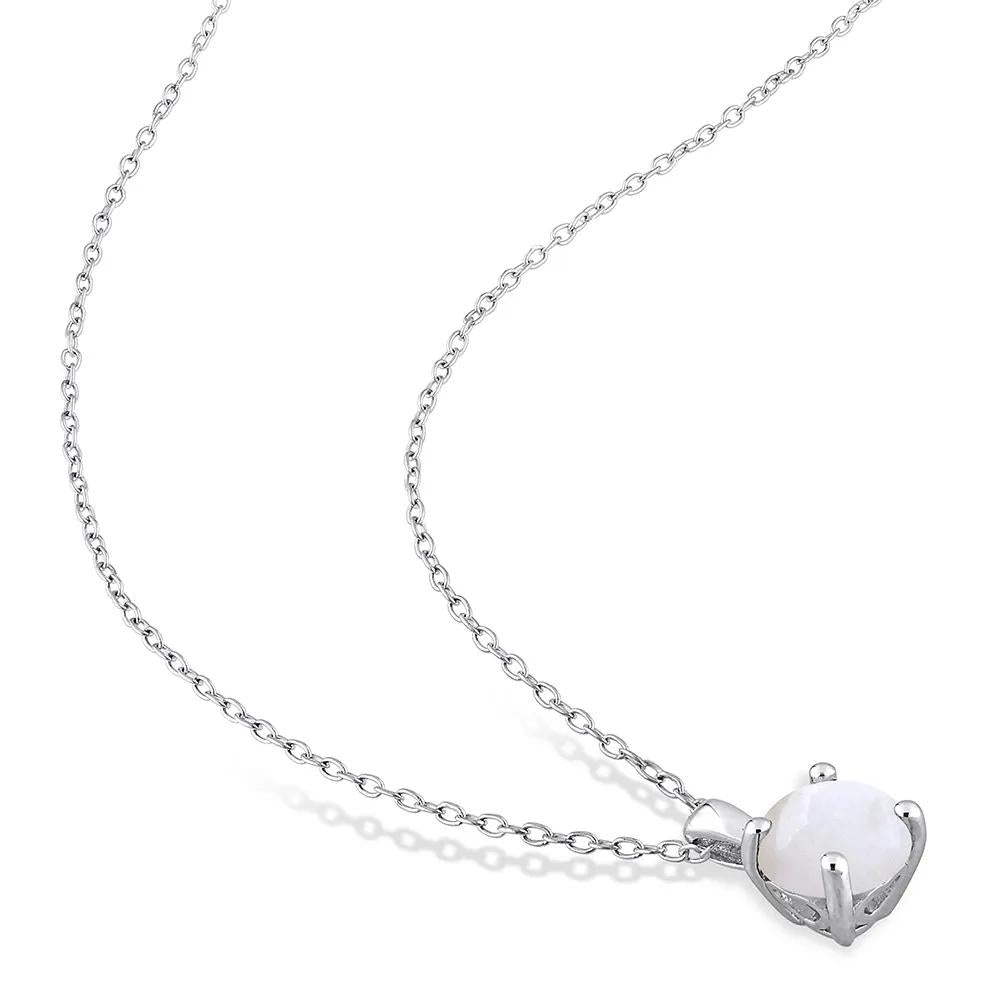Opal Solitaire Pendant Necklace .925 Sterling Silver White Size 18"