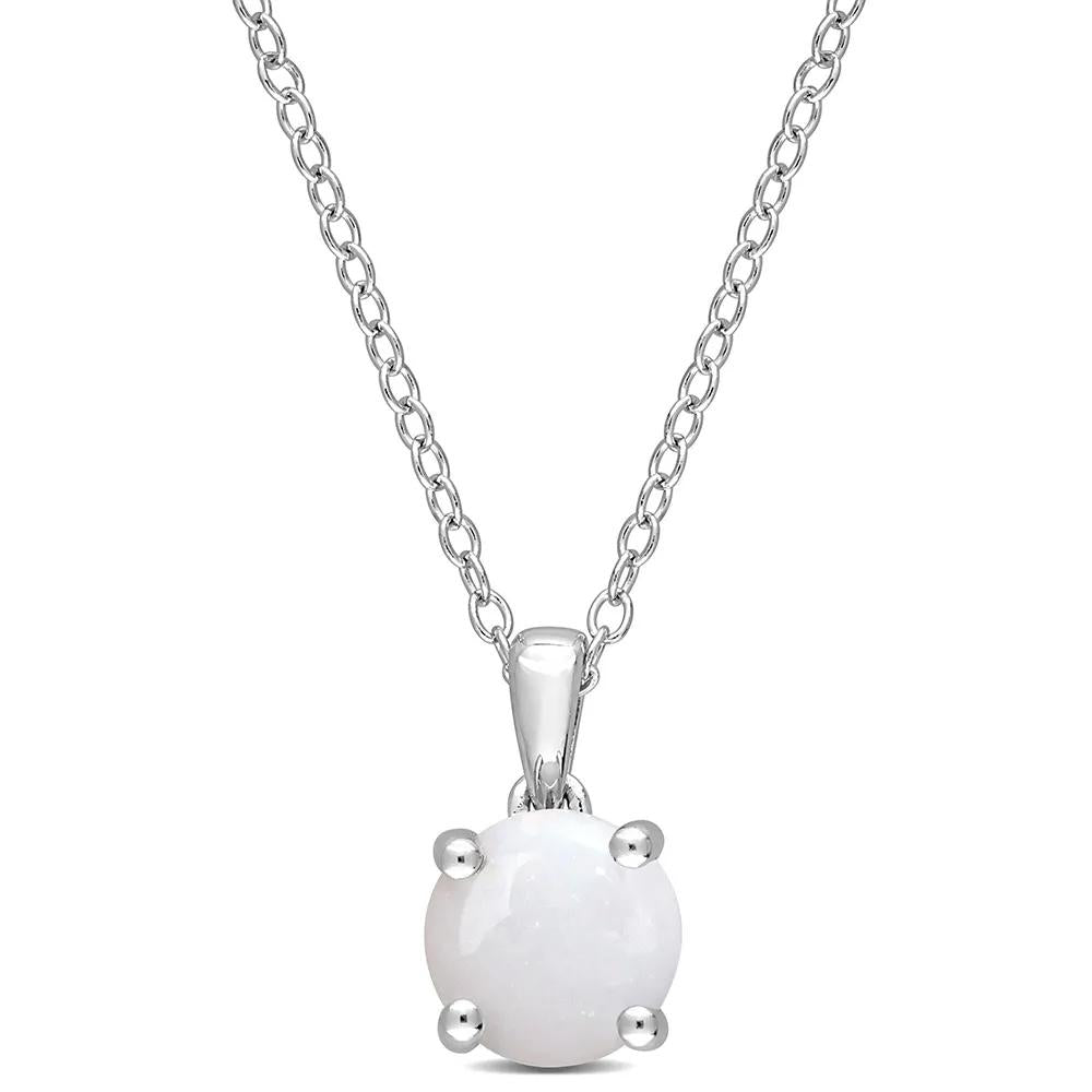 Opal Solitaire Pendant Necklace .925 Sterling Silver White Size 18"