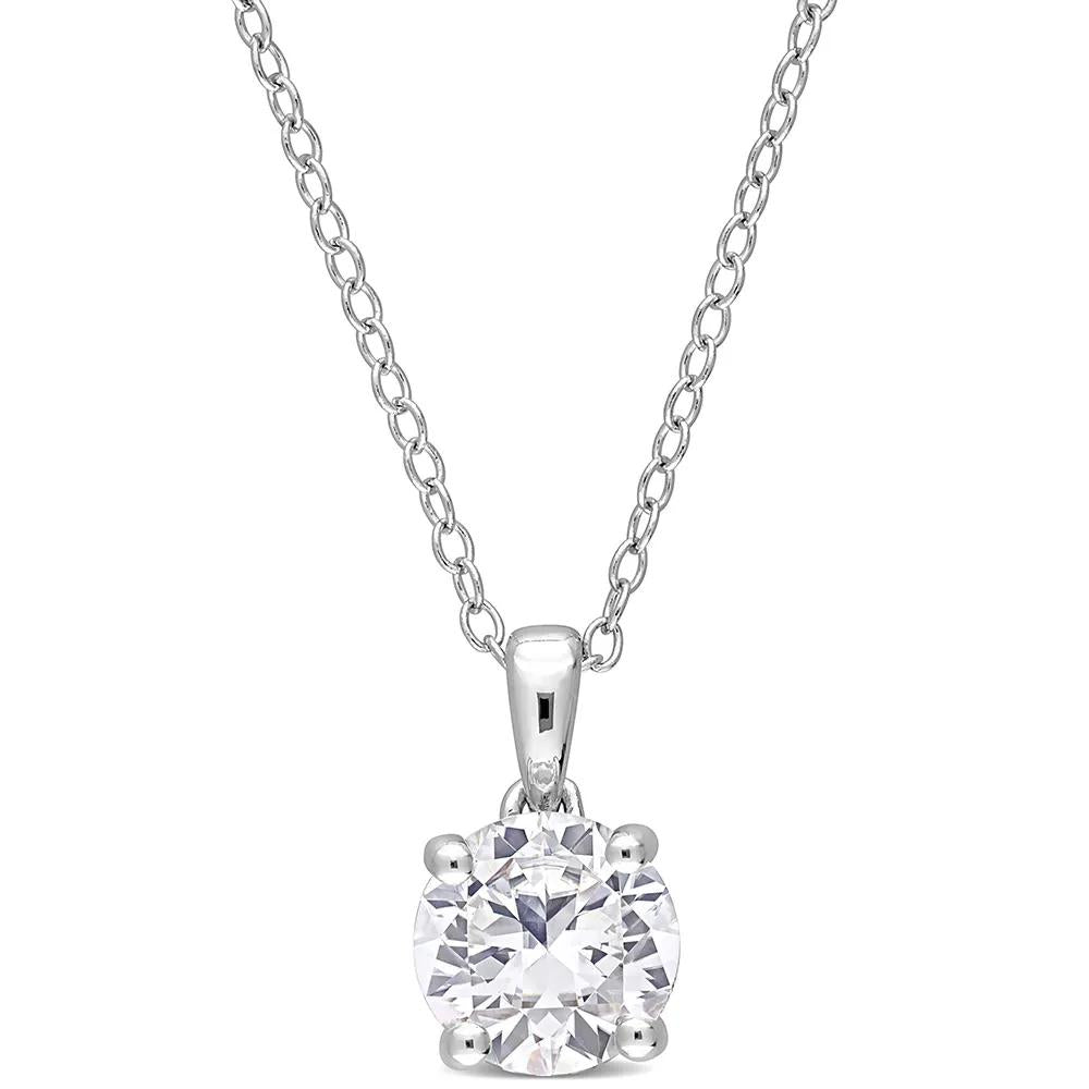 Lab Created White Sapphire Solitaire Pendant Necklace .925 Sterling Silver Size 18"