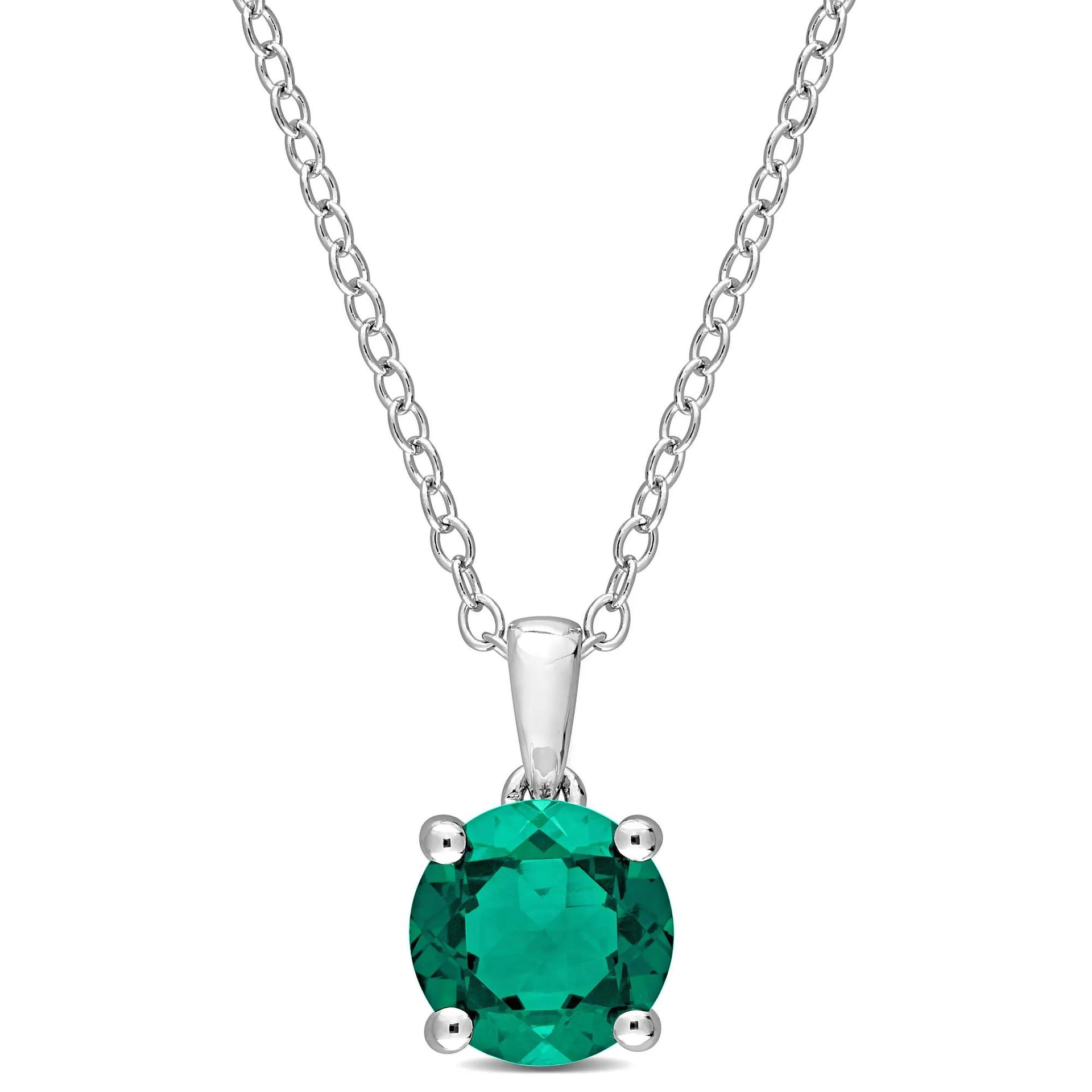 Lab Created Emerald Solitaire Pendant Necklace .925 Sterling Silver White Size 18"