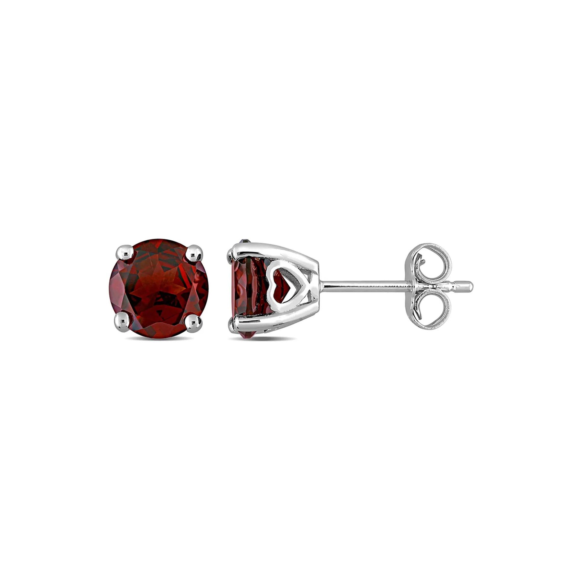 Garnet Stud Earrings with Heart Baskets .925 Sterling Silver White Size 7.00mm