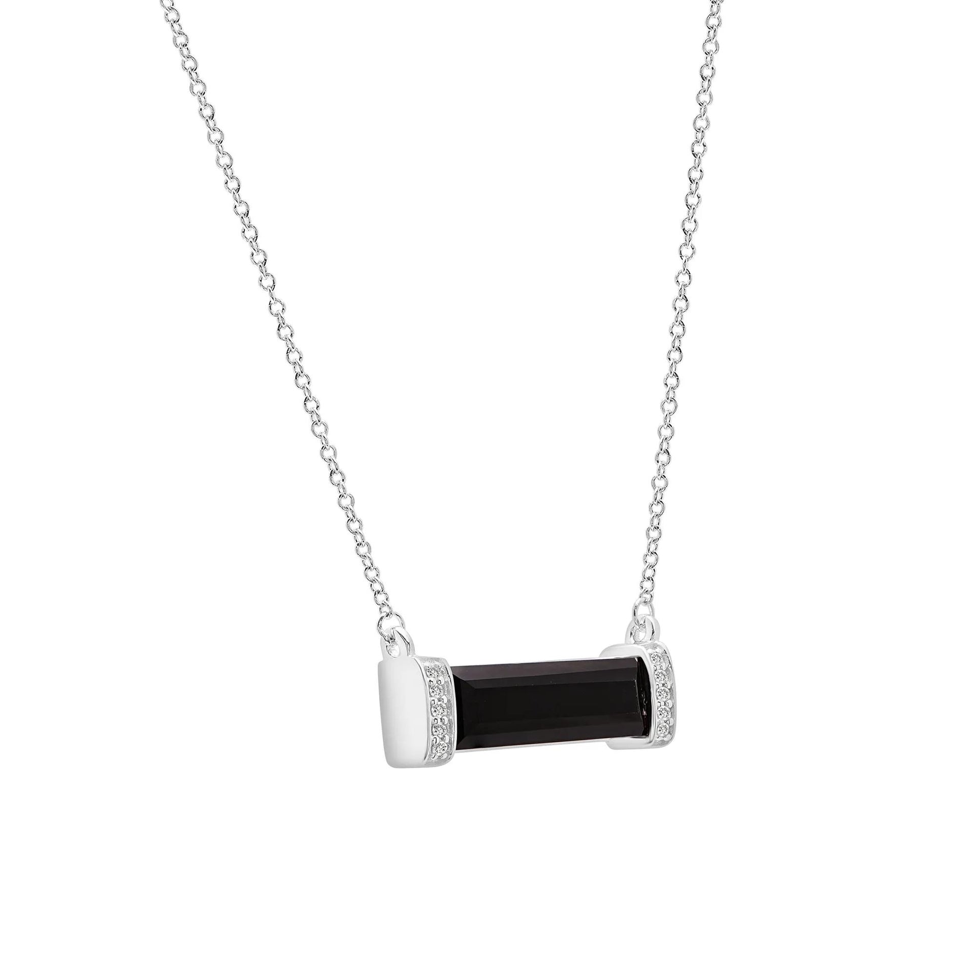 Black Agate and Diamond Accent Pendant Necklace .925 Sterling Silver White Size 16"