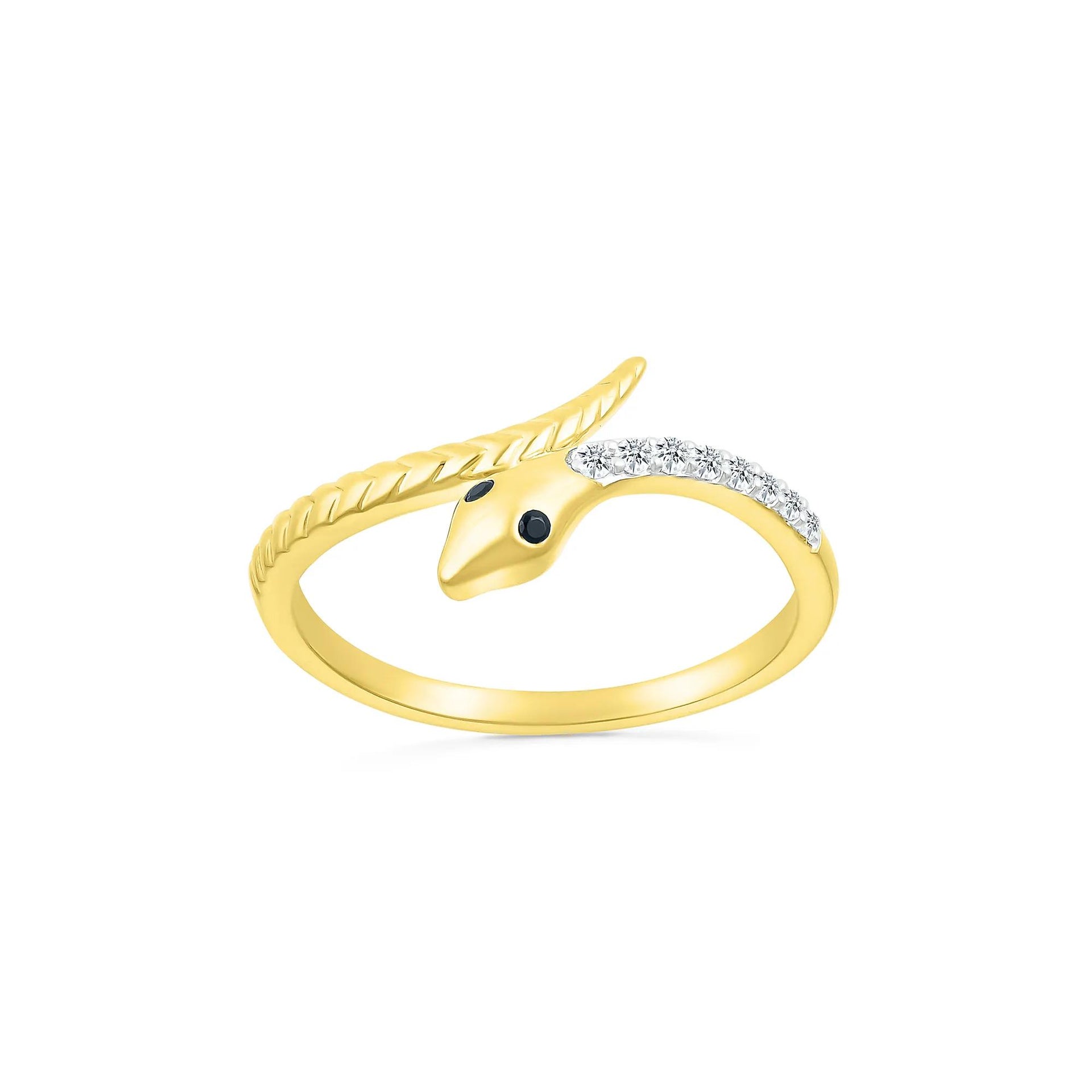 Black and White Diamond Accent Snake Ring 10K Yellow Gold Size 6.5