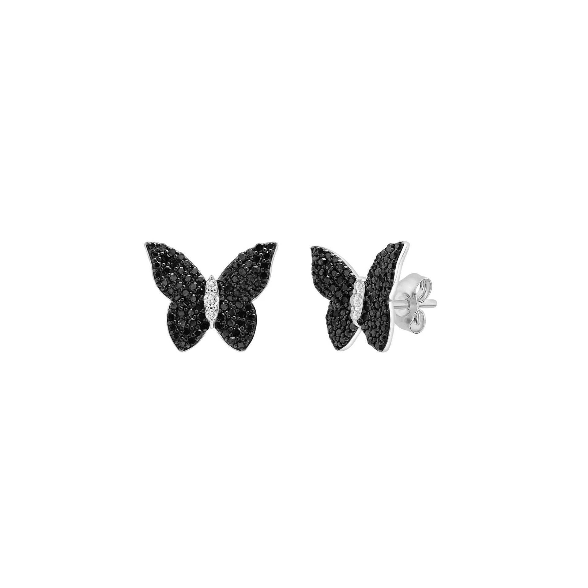 1/2 CT. Tw. Black & White Diamond Butterfly Earrings .925 Sterling Silver Size 12.50mm