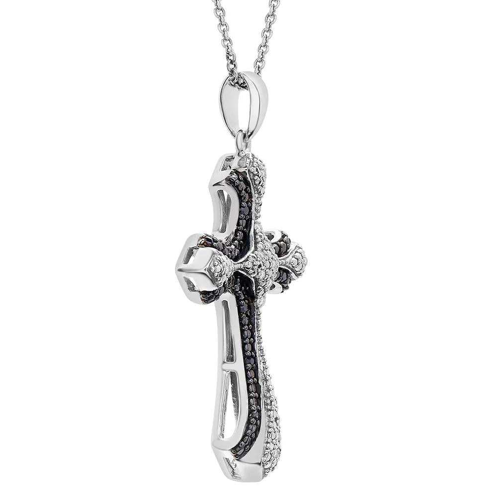1/10 CT. Tw. Black & White Diamond Cross Pendant Necklace .925 Sterling Silver Size 18"