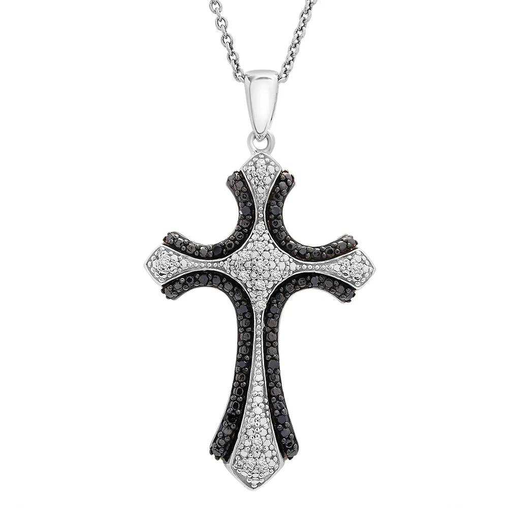 1/10 CT. Tw. Black & White Diamond Cross Pendant Necklace .925 Sterling Silver Size 18"