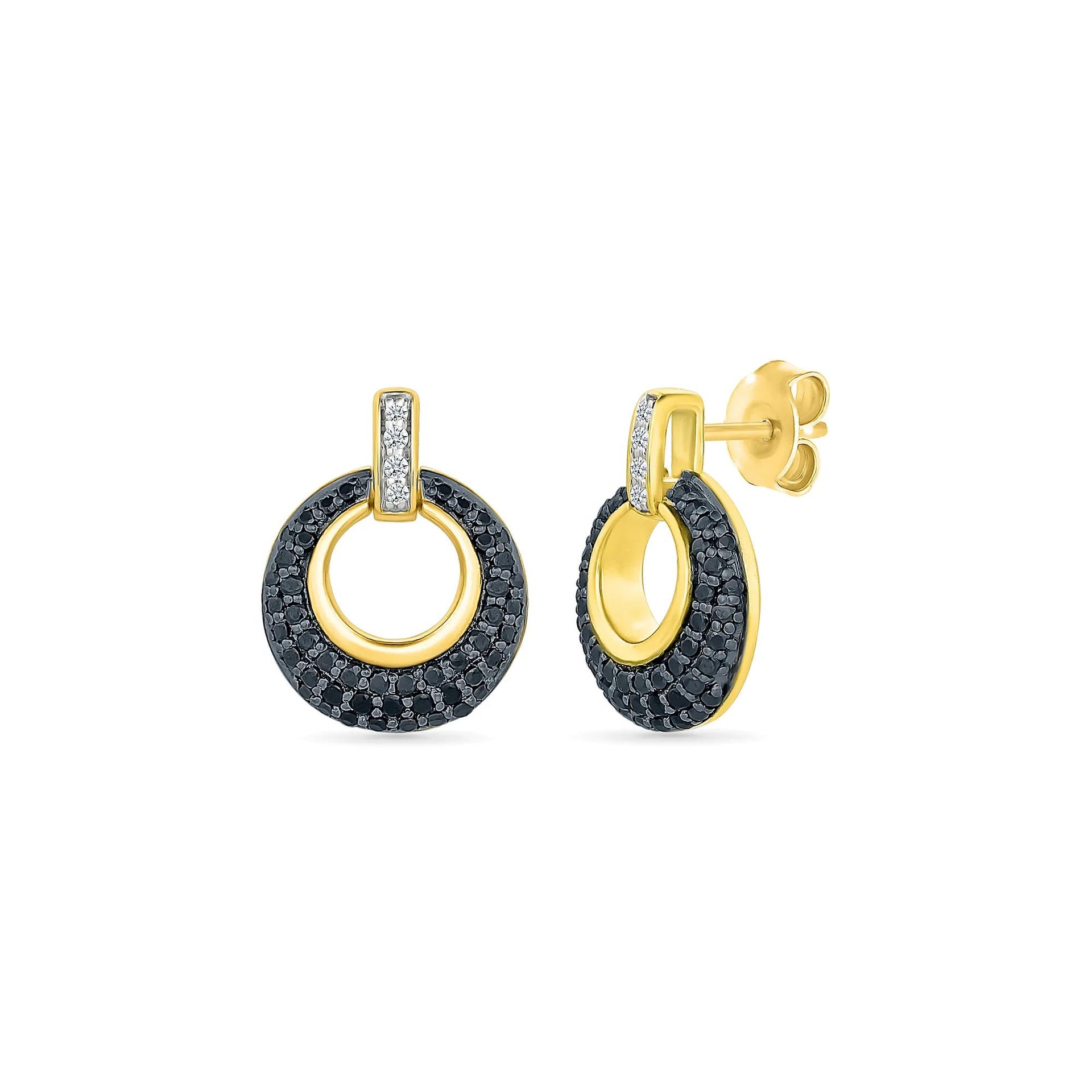 1/2 CT. Tw. Black and White Diamond Door Knocker Earrings 10K Yellow Gold Size 11.50mm