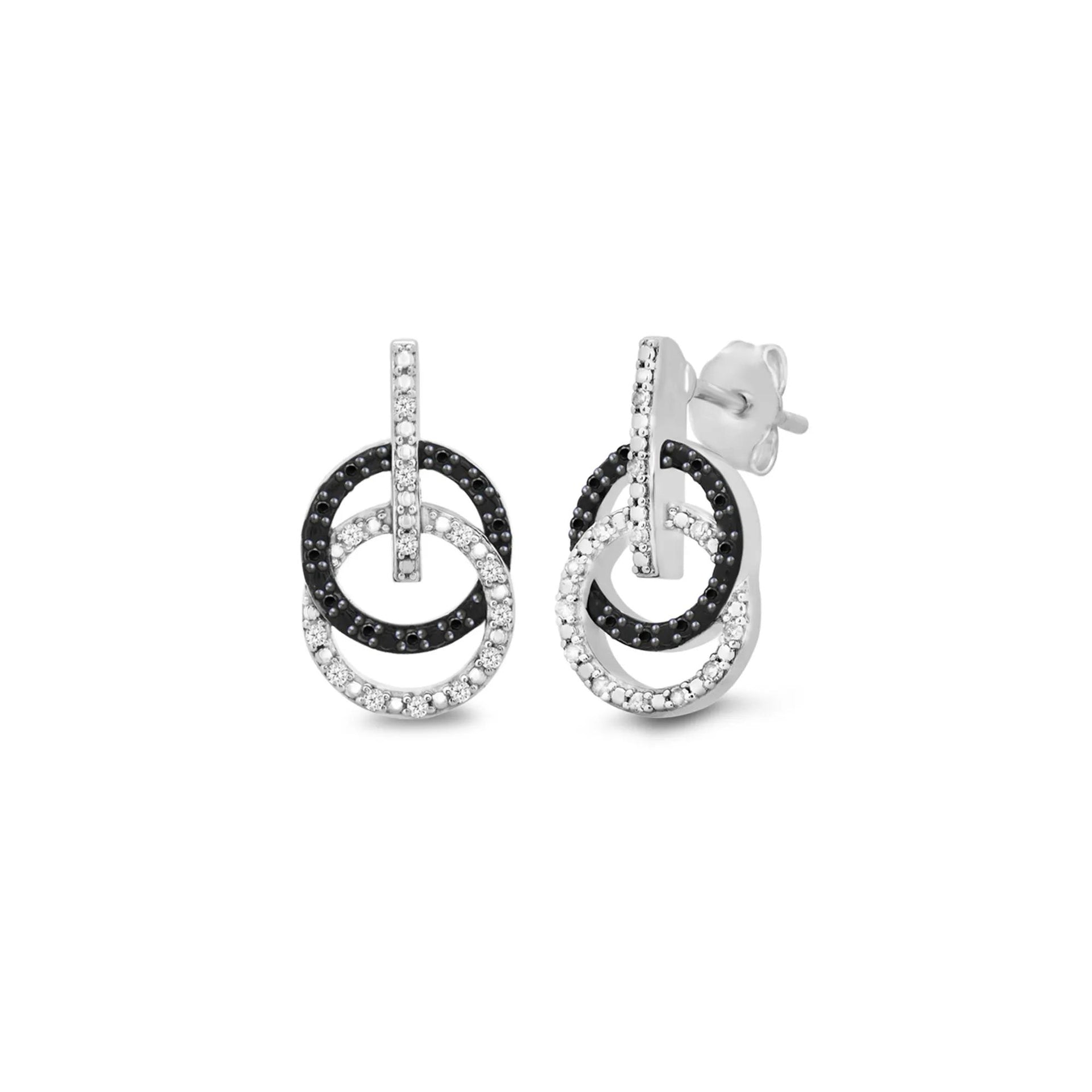 1/10 CT. Tw. Black & White Diamond Double Circle Drop Earrings .925 Sterling Silver Size 9.80mm