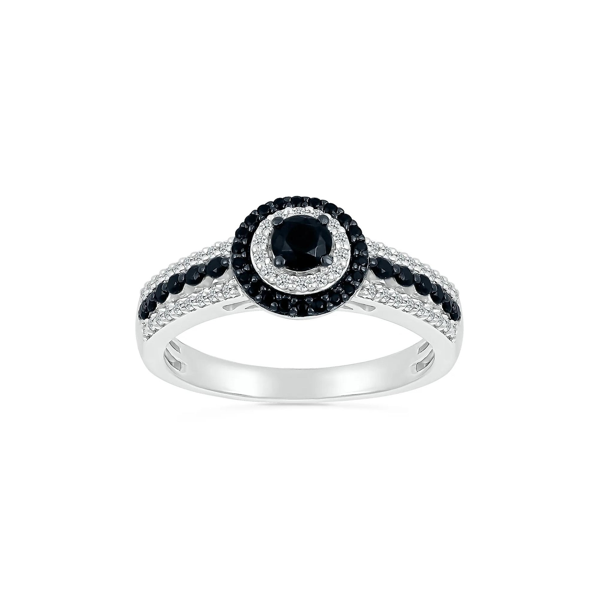 3/4 CT. Tw. Black and White Diamond Double Halo Ring 10K White Gold Size 8.5