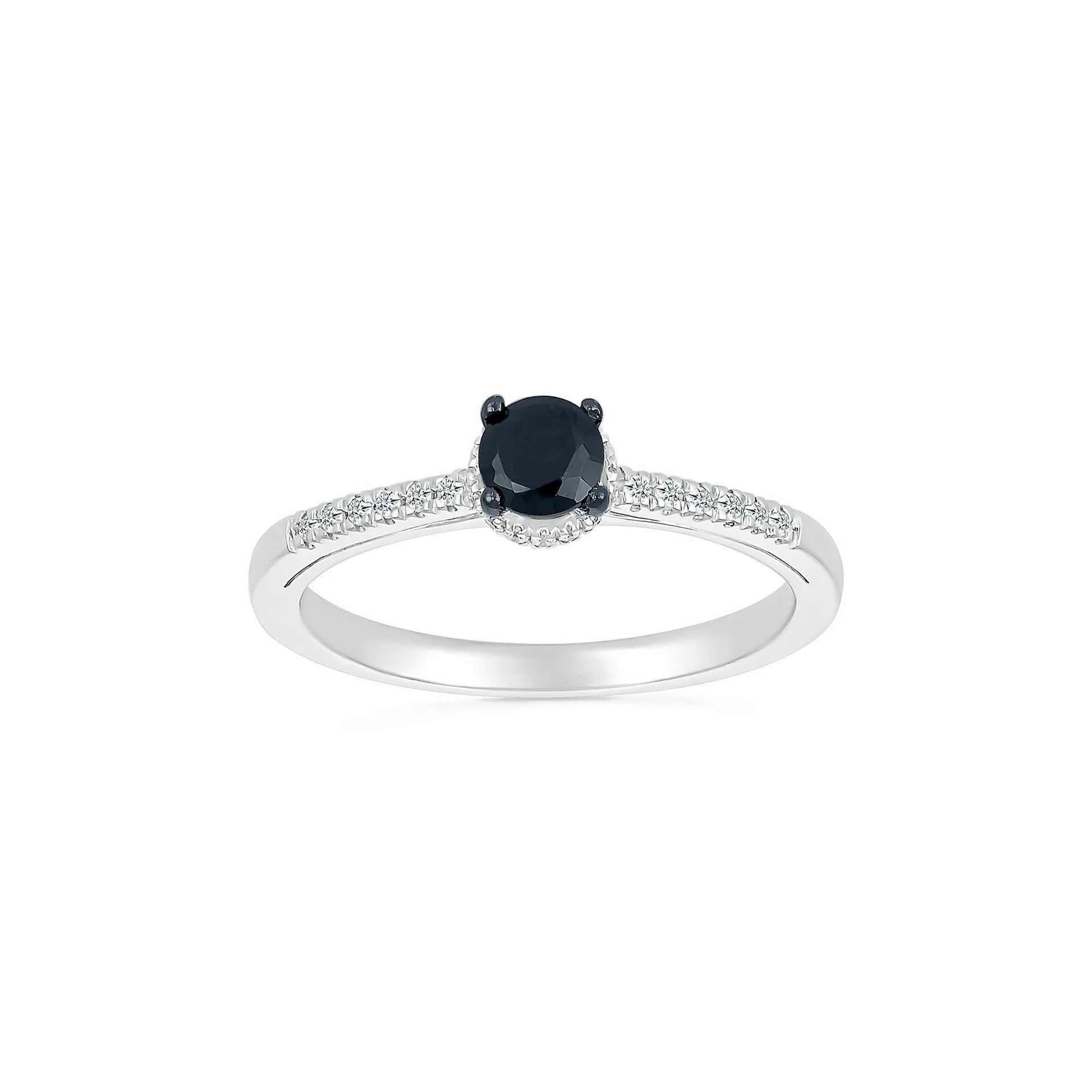 3/8 CT. Tw. Black and White Diamond Hidden Halo Ring 10K White Gold Round Brilliant Cut Size 4.5