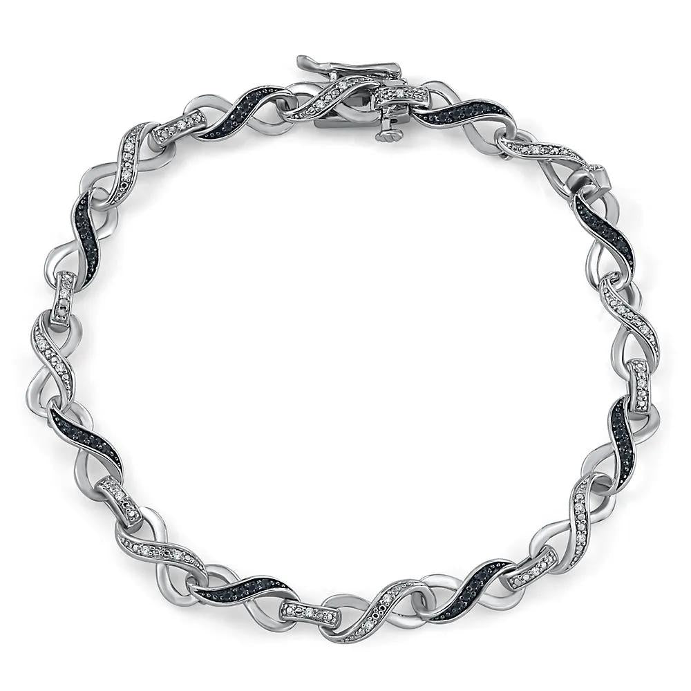 1/3 CT. Tw. Black & White Diamond Infinity Bracelet .925 Sterling Silver Size 7.5"