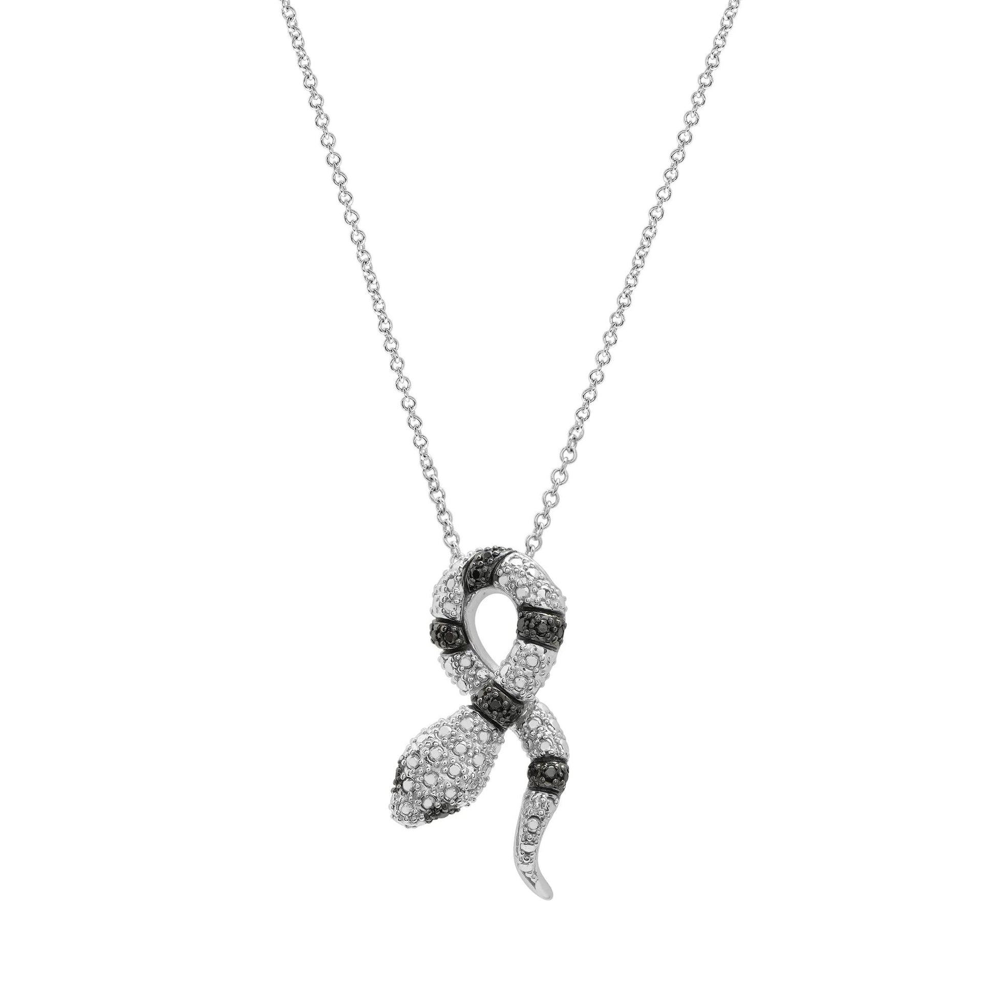 Black Diamond Accent Snake Pendant Necklace .925 Sterling Silver White Size 18"