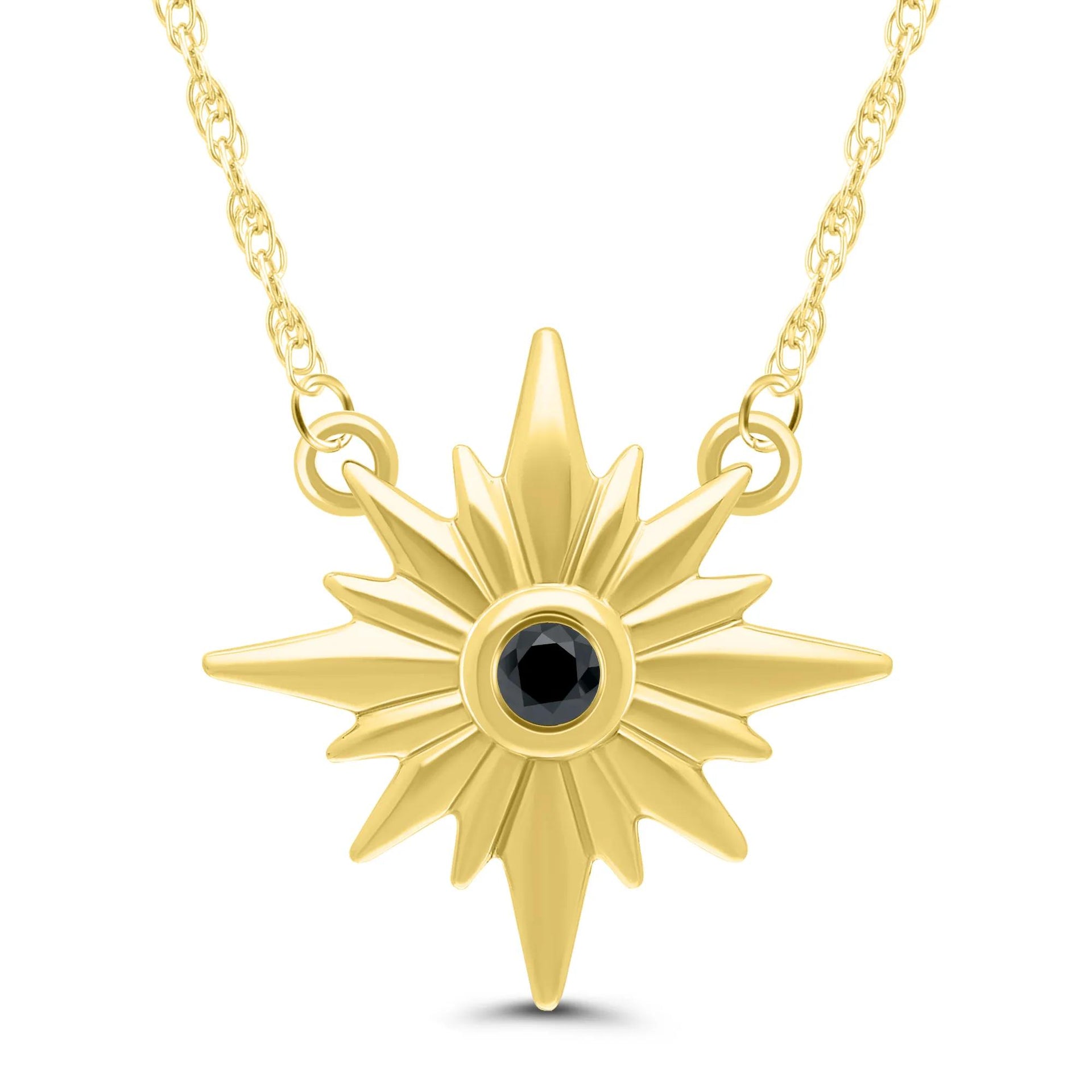 Black Diamond Accent Sunburst Necklace 10K Yellow Gold Size 18"
