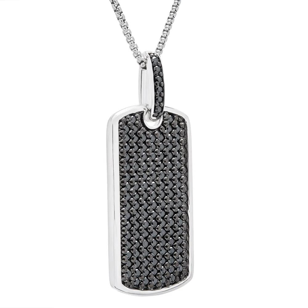 1 CT. Tw. Black Diamond Dog Tag Pendant Necklace .925 Sterling Silver Gray Size 22"