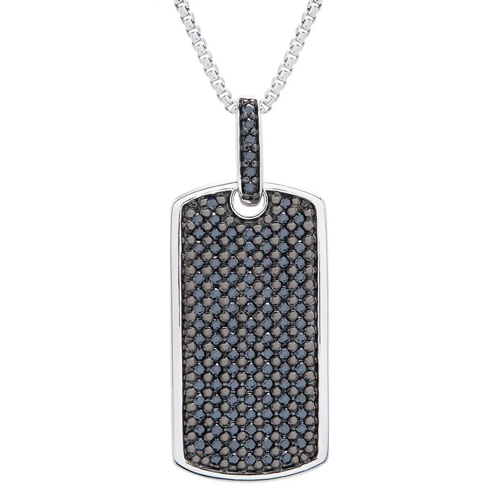 1 CT. Tw. Black Diamond Dog Tag Pendant Necklace .925 Sterling Silver Gray Size 22"