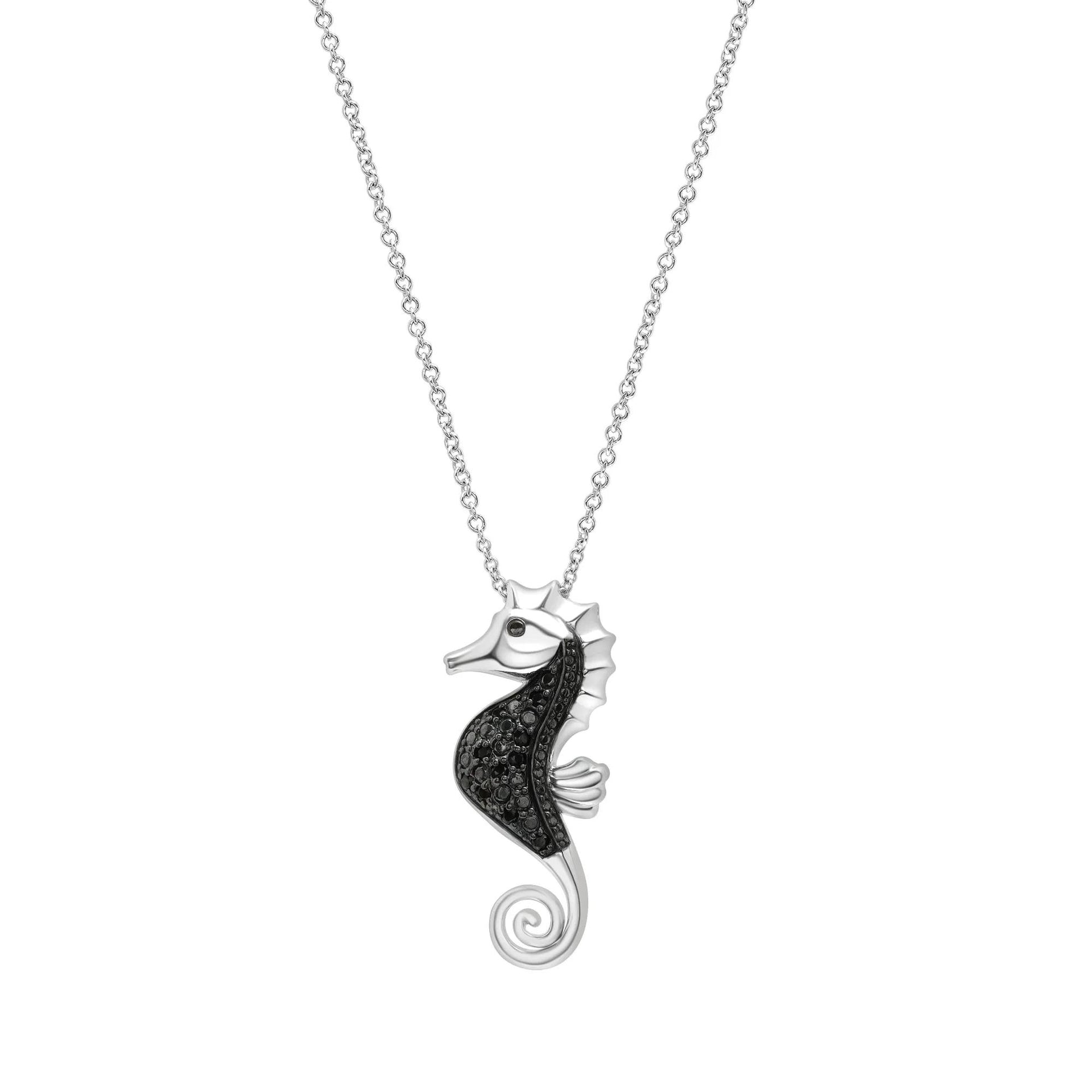 1/10 CT. Tw. Black Diamond Seahorse Pendant Necklace .925 Sterling Silver White Size 18"