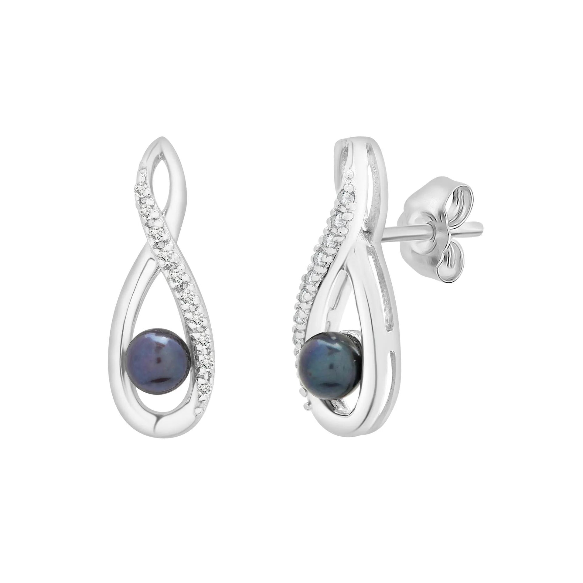Black Dyed Freshwater Cultured Pearl and Lab-Created White Sapphire Infinity Earrings 10K White Gold Size 6.90mm