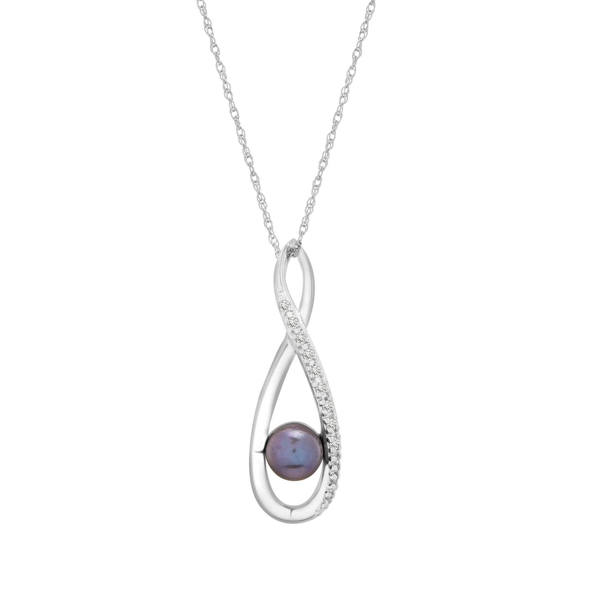 Black Dyed Freshwater Pearl and Lab-Created White Sapphire Infinity Pendant Necklace Size 18"