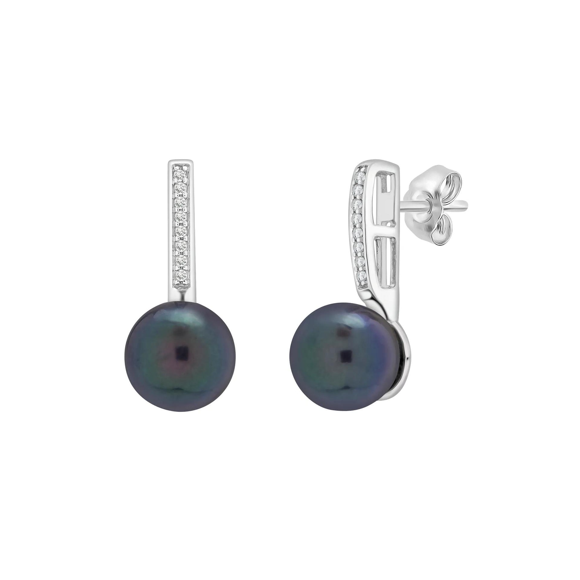Black Pearl and Lab-Created White Sapphire Drop Earrings 10K White Gold Size 7.10mm