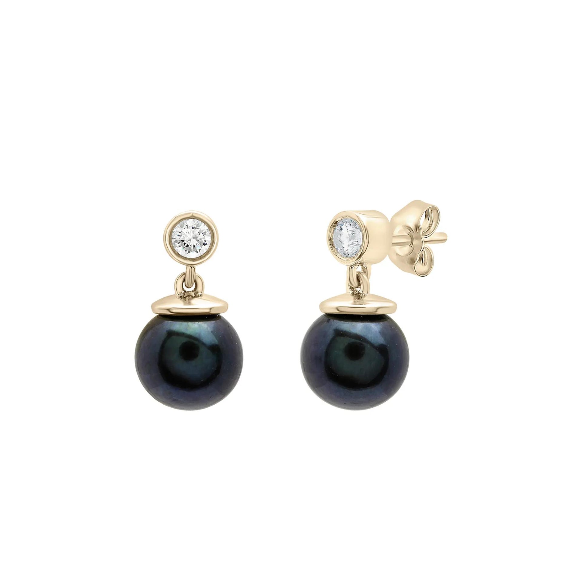 Black Pearl and Lab-Created White Sapphire Drop Earrings 10K Yellow Gold Size 13.50mm