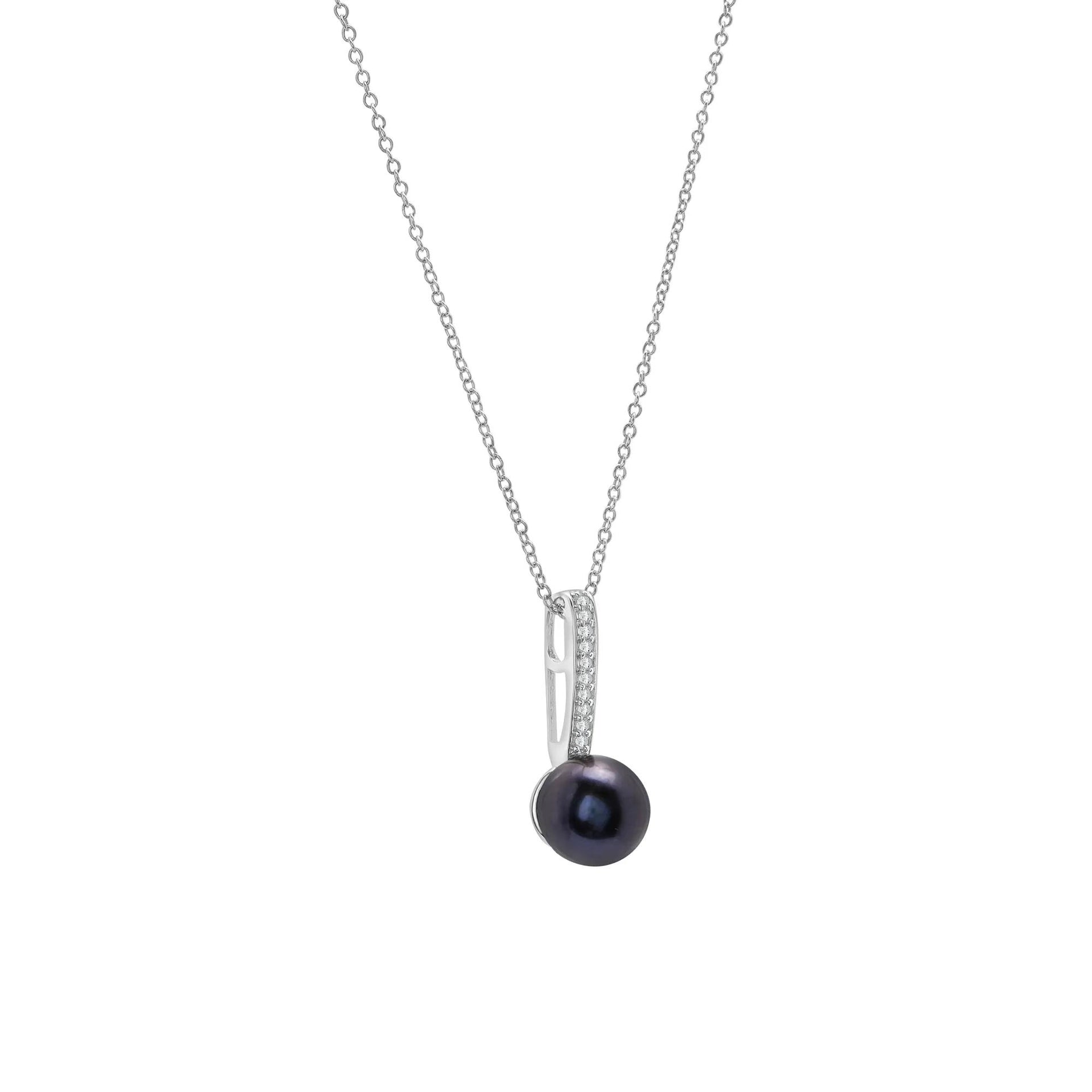 Black Pearl and Lab-Created White Sapphire Drop Pendant Necklace 10K White Gold Size 18"