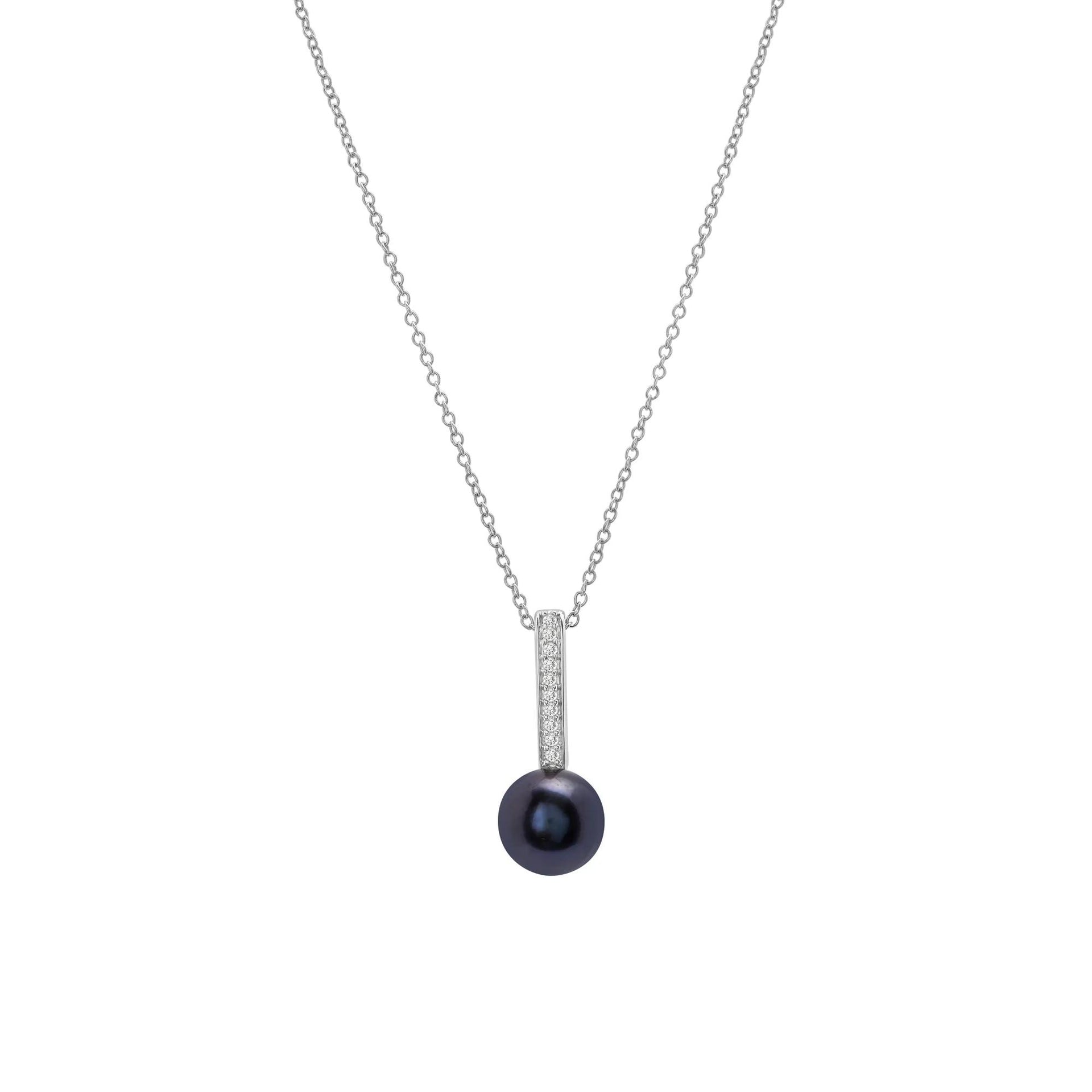 Black Pearl and Lab-Created White Sapphire Drop Pendant Necklace 10K White Gold Size 18"