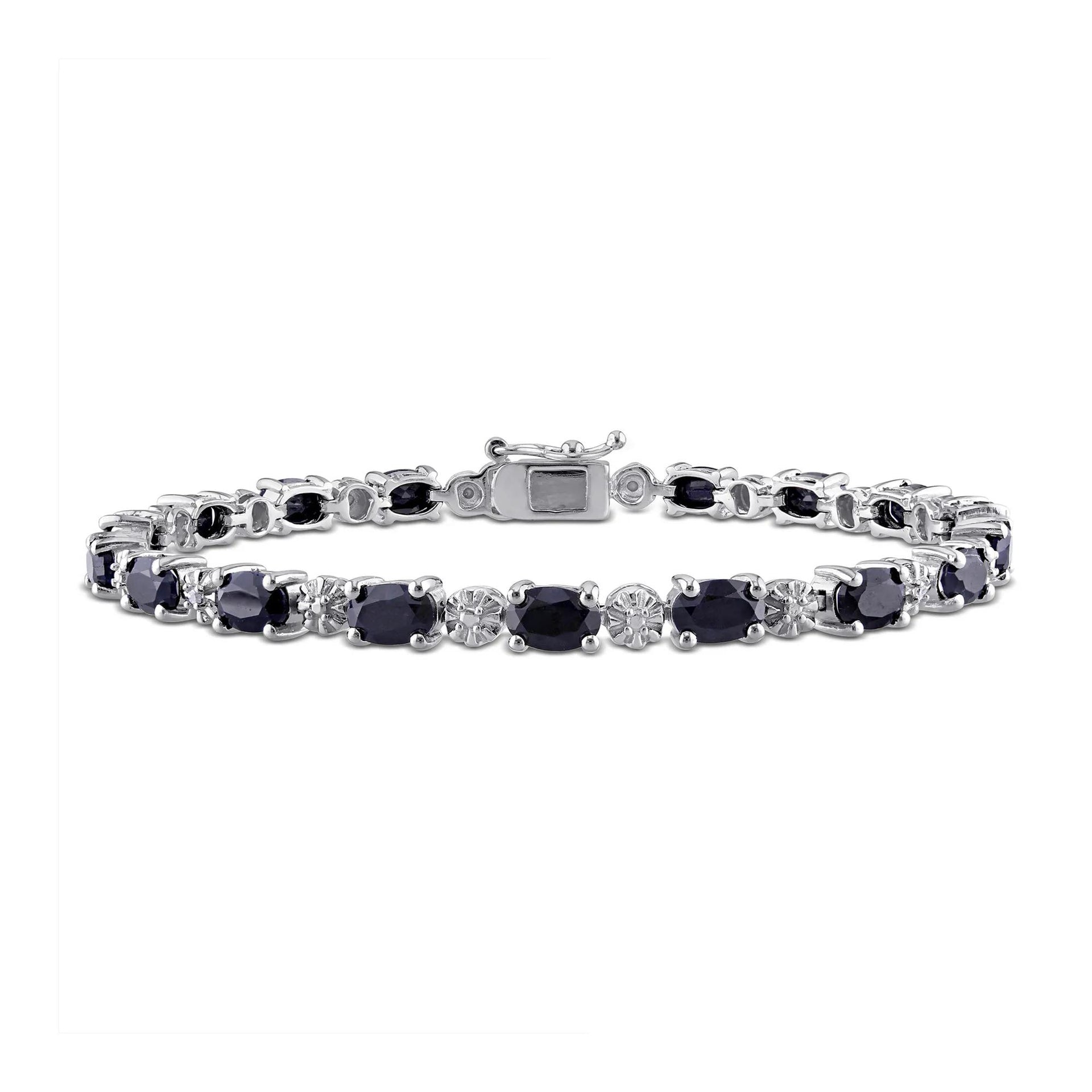 Black Sapphire & Diamond Accent Bracelet .925 Sterling Silver White Size 4.50mm