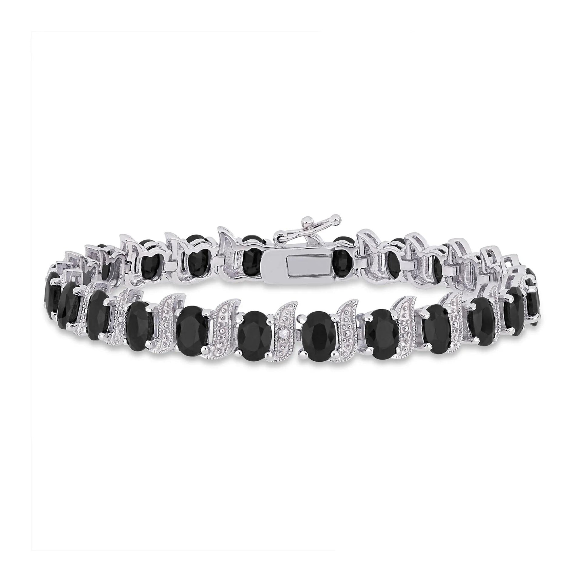 Black Sapphire & Diamond Accent Bracelet .925 Sterling Silver White Size 7.40mm