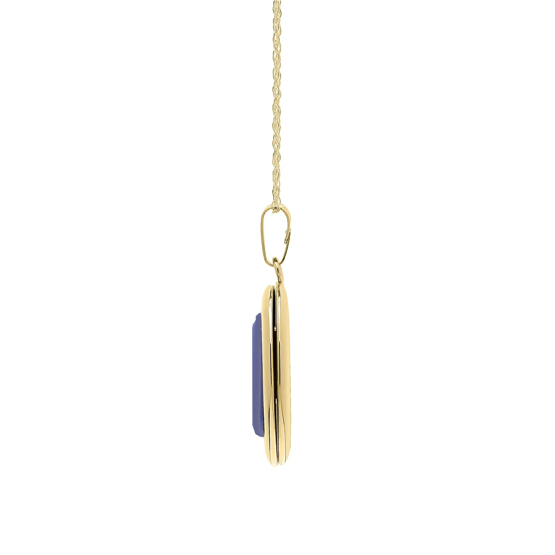 Blue Agate Mother and Child Locket Pendant Necklace 14K Yellow Gold Size 18"