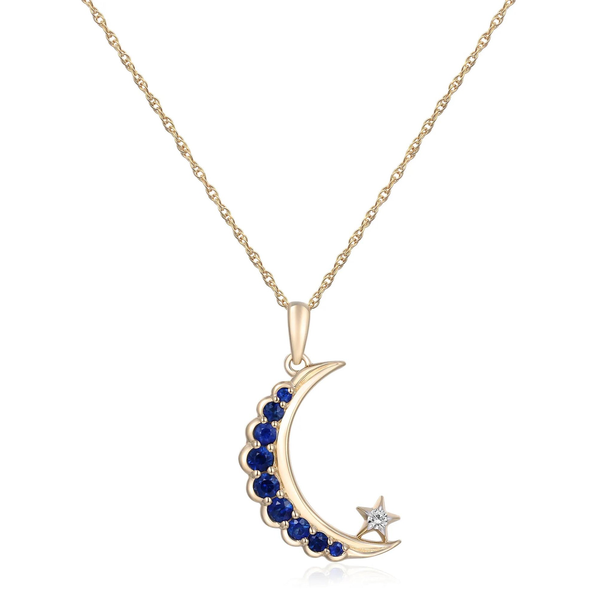 Blue Sapphire and Diamond Accent Moon and Star Pendant Necklace 10K Yellow Gold Size 18"