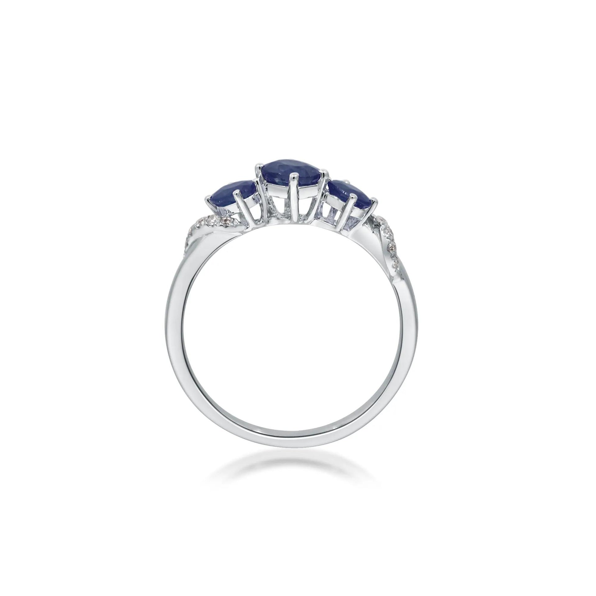 Blue Sapphire and Diamond Accent Ring 10K White Gold Round Brilliant Cut Size 6 2mm