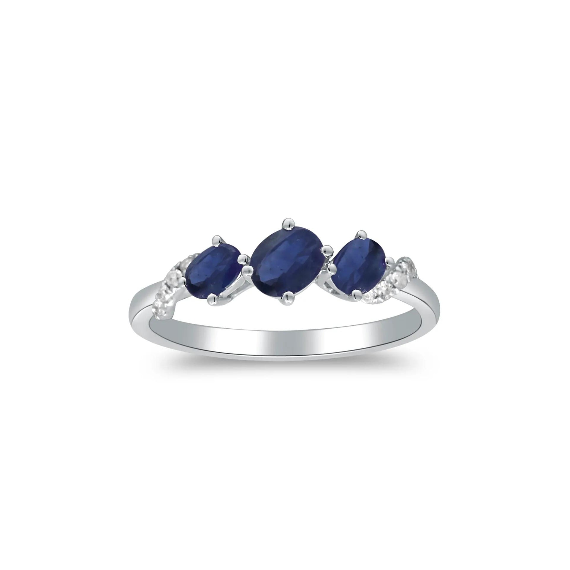 Blue Sapphire and Diamond Accent Ring 10K White Gold Round Brilliant Cut Size 6 2mm